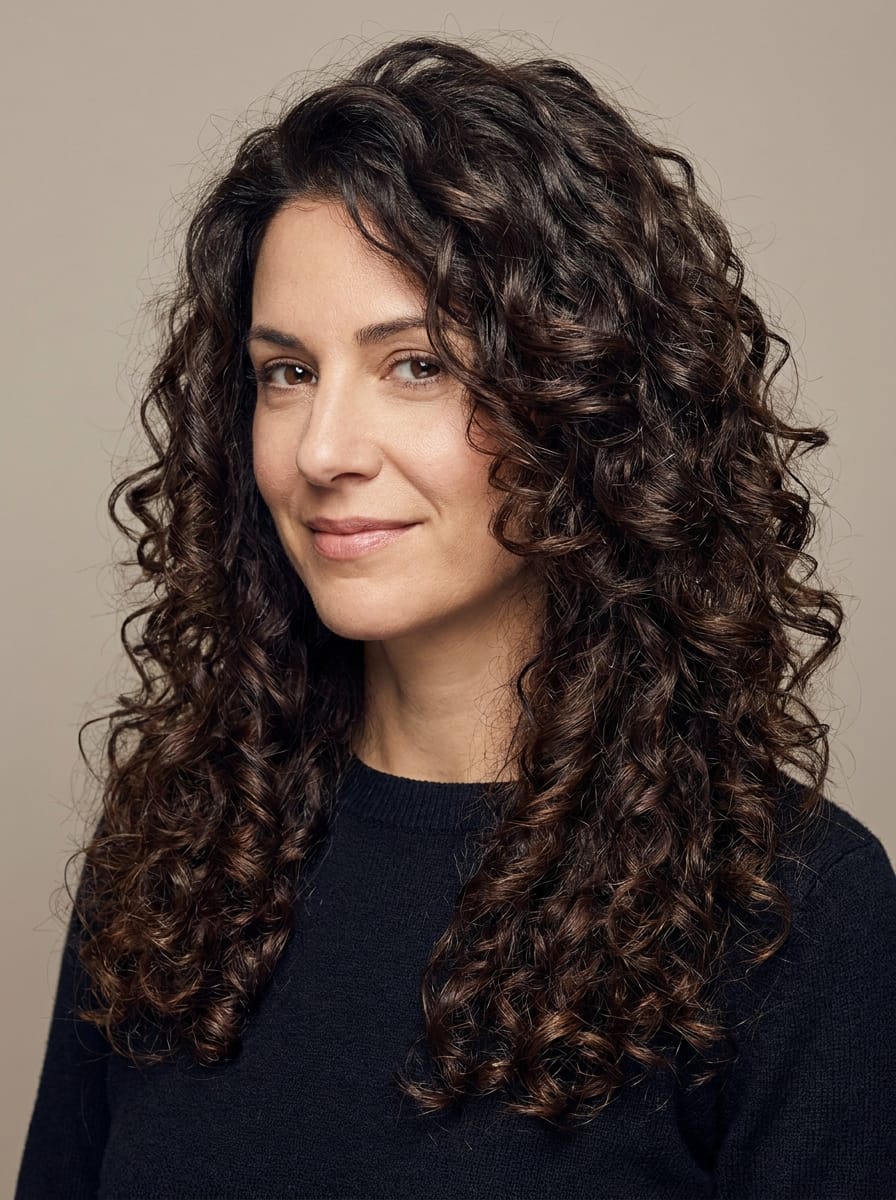 Starker Stufenschnitt für dichte Locken - Locken Frisur für lange Haare